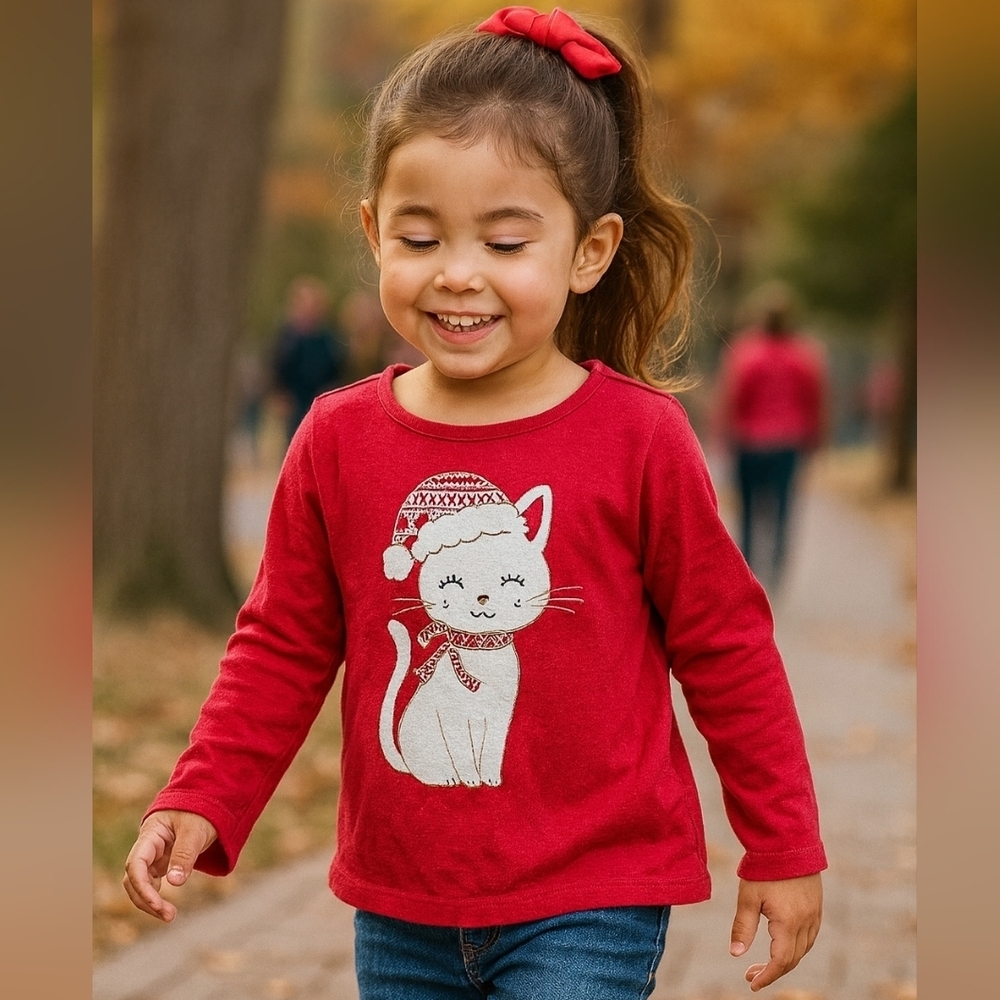 The Children’s Place Girls Red Holiday Cat Long Sleeve Shirt Size 4T Christmas